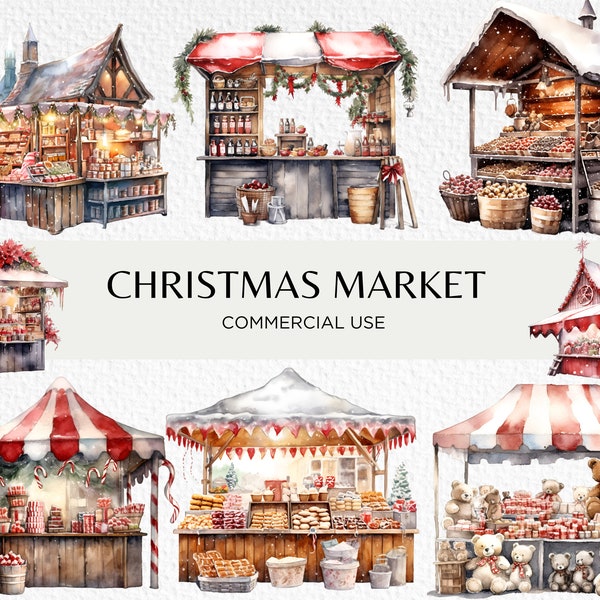 Weihnachtsmarkt Aquarell Clipart Bundle, 20 transparente PNG 300 dpi, Weihnachtsstand, Winterszene, digitaler Download, kommerzielle Nutzung