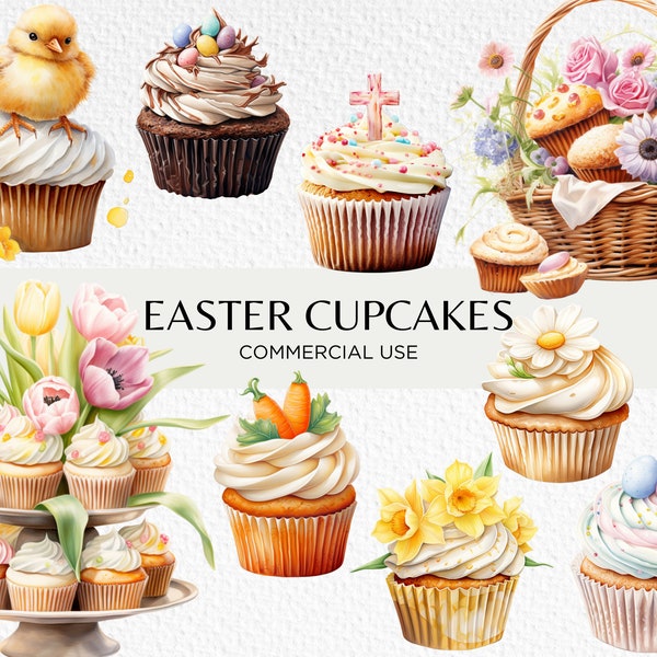 Easter Cupcakes Watercolour Clipart, 20 Transparent PNG 300 dpi, Pastel Mini Eggs, Cute Easter Basket, Digital Download, Commercial Use