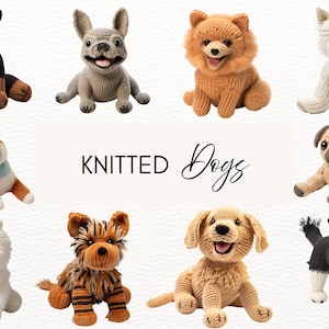 Gestrickte Hunde Clipart, 20 transparente PNG 300 dpi, süße Welpen Grafiken, gehäkelte Stofftiere & Teddies, digitaler Download, kommerzielle Nutzung