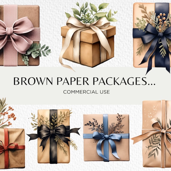 Brown Paper Packages Tied Up With String Watercolour Clipart Bundle, 18 Transparent PNG 300 dpi, Presents, Digital Download, Commercial Use