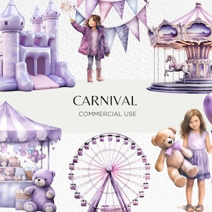 Bundle de cliparts aquarelle carnaval, 18 PNG Transparents 300 dpi, carrousel mignon, feu d'artifice de cirque violet nuit, téléchargement numérique à usage Commercial