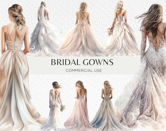 Watercolour Wedding Dresses Clipart Bundle, 24 Transparent Isolated PNG 300 dpi, Brides Dresses From Behind, Digital Download Commercial Use