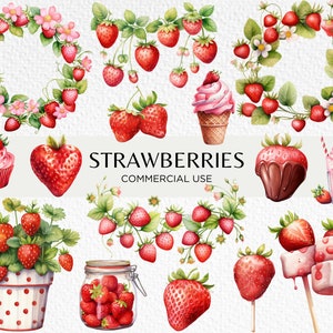 Paquete de imágenes prediseñadas de acuarela de fresas, 20 PNG transparente 300 ppp, gráficos de frutas de verano, fresa linda, uso comercial de descarga digital