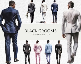 Paquete de imágenes prediseñadas de acuarela de novios negros, 14 PNG transparentes 300 dpi, novio desde atrás, traje de boda, descarga digital, uso comercial