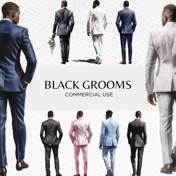 Black Grooms Watercolour Clipart Bundle, 14 Transparent PNG 300 dpi, Groom From Behind, Wedding Suit, Digital Download, Commercial Use