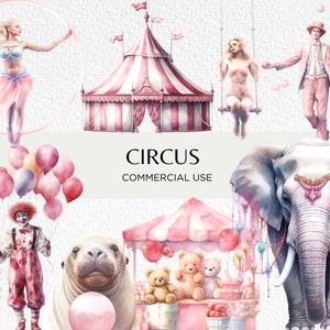 Pink Circus Watercolour Clipart Bundle, 18 Transparent PNG 300 dpi, Cute Circus Tent, Acrobats, Clowns, Digital Download, Commercial Use