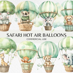 Mongolfiera Safari, Clipart acquerello, 20 PNG trasparenti 300 dpi, Animali in mongolfiere, Download digitale, Uso commerciale