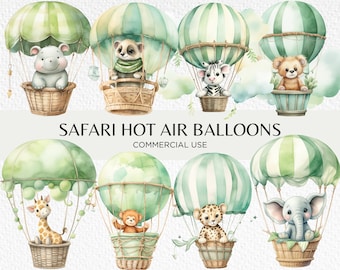 Safari Hot Air Balloon, Watercolour Clipart, 20 Transparent PNG 300 dpi, Animals In Hot Air Balloons, Digital Download, Commercial Use