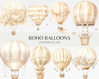 Neutral Boho Hot Air Balloons Watercolour Clipart, 20 Transparent PNG 300dpi, Teddy Bear In Hot Air Balloon, Digital Download Commercial Use