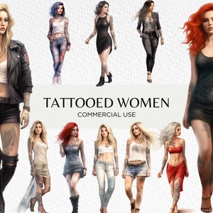 Aquarell tätowierte Frauen Clipart Bundle, 16 transparente PNG 300 dpi, Frauen mit Tattoos, Mode Frauen, digitaler Download, kommerzielle Nutzung
