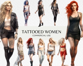 Watercolour Tattooed Women Clipart Bundle, 16 Transparent PNG 300 dpi, Women With Tattoos, Fashion Women, Digital Download, Commercial Use