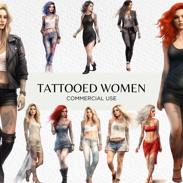 Bundle de cliparts aquarelle femmes tatouées, 16 PNG Transparents 300 dpi, femmes tatouées, femmes à la mode, téléchargement numérique, usage Commercial