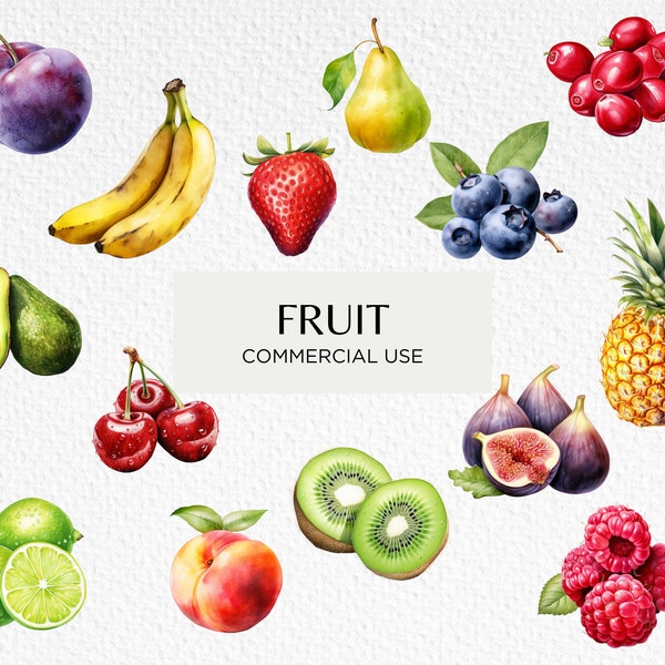 Fruit Watercolour Clipart Bundle, 20 Transparent PNG 300 dpi, Cherries, Oranges, Passionfruit, Blueberries, Digital Download, Commercial Use
