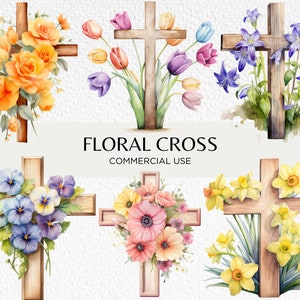 Croci floreali in legno Clipart ad acquerello, 20 PNG trasparenti 300 dpi, Croce di Pasqua cristiana, Fiori carini, Download digitale Uso commerciale