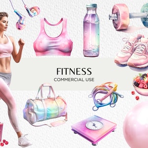 Pink Fitness Acuarela Clipart, 20 PNG aislado transparente 300 dpi lindo equipo de gimnasio pastel femenino, descarga digital, uso comercial
