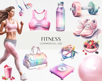 Pink Fitness Watercolour Clipart, 20 Transparent Isolated PNG 300 dpi Cute Girly Pastel Gym Equipment, Digital Download, Commercial Use