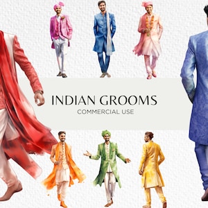 Indian Grooms aquarel clipart bundel, 18 transparante PNG 300 dpi, Aziatische trouwpak, Dulha bruidegom, digitale download, commercieel gebruik