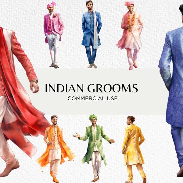 Indian Grooms Watercolour Clipart Bundle, 18 Transparent PNG 300 dpi, Asian Wedding Suit, Dulha Bridegroom, Digital Download, Commercial Use