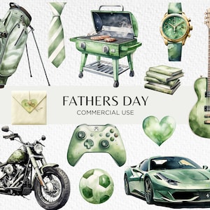 Bundle de cliparts aquarelle vert fête des pères, 20 PNG Transparents 300 dpi, voiture de sport, barbecue, plus grand papa, utilisation commerciale en téléchargement numérique
