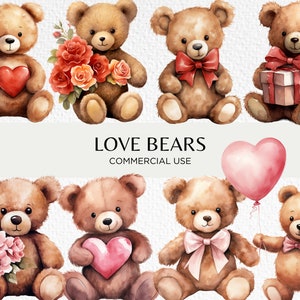 Love Teddy Bears Acuarela Clipart, 20 PNG transparente 300 dpi, Lindos peluches de aniversario, Oso de San Valentín, Descarga digital Uso comercial