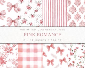 Pink Romance Seamless Patterns, Floral Vintage Patterns, Digital Paper, Toile Feminine Paper, Flowers, Feathers, Coquette Backgrounds 20 JPG