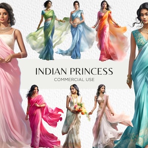 Pacote de clipart em aquarela de princesa indiana, 18 PNG transparentes 300 dpi, lindas mulheres vestindo saris, download digital, uso comercial