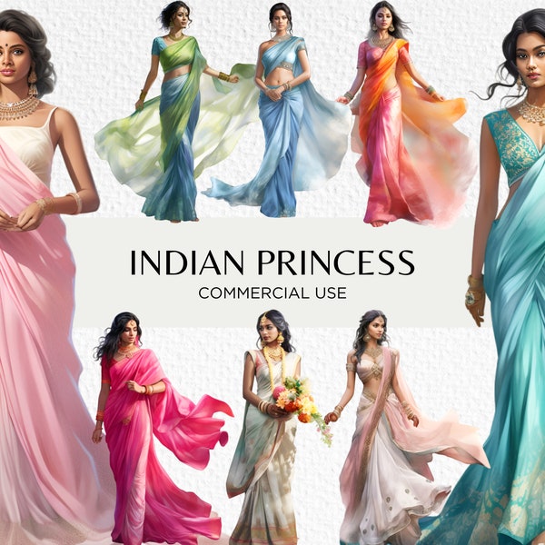 Indian Princess Watercolour Clipart Bundle, 18 Transparent PNG 300 dpi, Beautiful Women Wearing Saris, Digital Download, Commercial Use