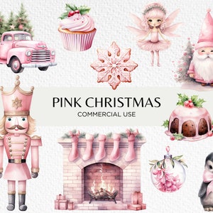 Clipart acquerello di Natale rosa carino, 20 PNG trasparenti 300 dpi, grafica natalizia pastello femminile, Pinkmas, download digitale, uso commerciale