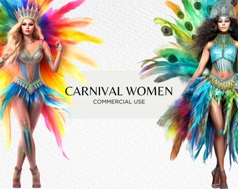 Carnival Women Watercolour Clipart Bundle, 16 Transparent PNG 300 dpi, Beautiful Colourful Womens Costumes, Digital Download. Commercial Use