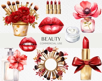 Beauty Clipart Watercolour, 20 Transparent PNG 300dpi, Makeup Artist, Red Lipstick Clip Art, Red Lips, Digital Download, Commercial Use
