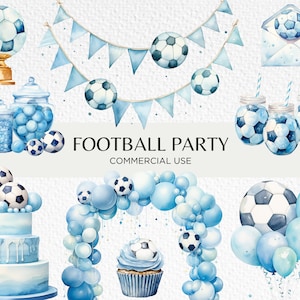 Clipart acquerello festa di calcio, 20 PNG trasparenti 300 dpi, tema compleanno calcio, arco di palloncini, torta, download digitale, uso commerciale