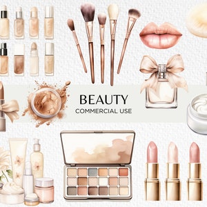 Clipart aquarelle beauté, 20 PNG transparents 300dpi, maquilleur, maquillage neutre Clip Art, soins personnels, téléchargement numérique, usage Commercial