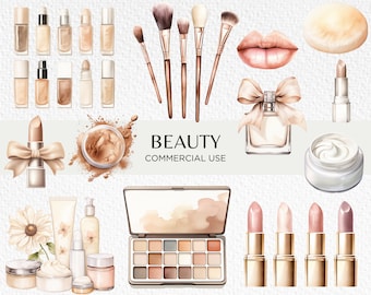 May include: A watercolor illustration of various beauty products, including makeup brushes, lipsticks, eyeshadow palettes, foundation, and perfume. The illustration is in a light pink and brown color scheme and includes the text "BEAUTY COMMERCIAL USE".