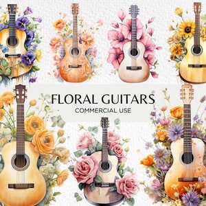 Floral Guitars aquarel clipart, 20 transparante PNG 300 dpi, akoestische gitaar, schattige muziekinstrumenten, digitale download, commercieel gebruik