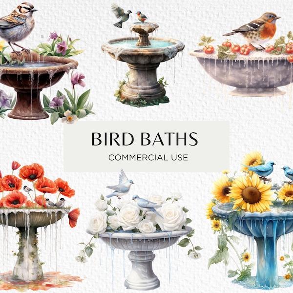 Watercolour Birdbaths Clipart Bundle, 18 Transparent Isolated PNG 300 dpi, Springtime Cute Garden Scenery, Digital Download, Commercial Use