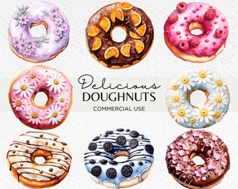 Cute Donuts Watercolour Clipart Bundle, 20 Transparent PNG 300 dpi, Doughnuts, Cakes, Baking Business Logo, Digital Download, Commercial Use