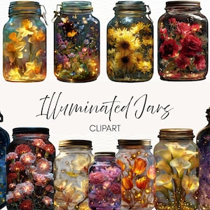 Illuminated Flower Jars Clipart, Watercolour Firefly Mason Jar Graphics, Fairy Lights, Digital Download, Commercial Use, 20 Transparent PNG