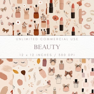 May include: A digital art print featuring various beauty-themed patterns. The patterns include lipsticks, makeup brushes, bows, nail polish, and lip prints. The text "BEAUTY" is displayed, along with the dimensions 12 x 12 inches and 300 DPI.
