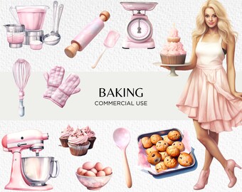 Süßes Backen Aquarell Clipart Bundle, 20 transparente PNG 300 dpi, hübsches rosa Kuchen-Bäcker-Zubehör, digitaler Download, kommerzielle Nutzung