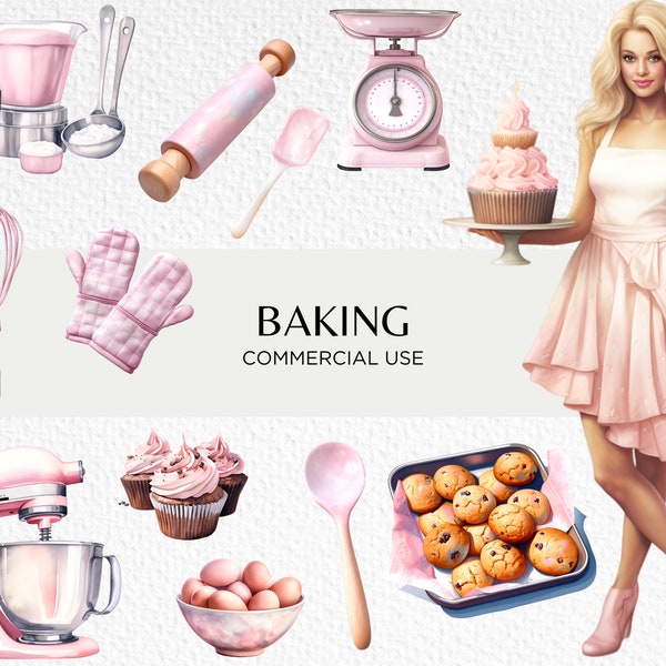 Cute Baking Watercolour Clipart Bundle, 20 Transparent PNG 300 dpi, Pretty Pink Cake Baker Accessories, Digital Download, Commercial Use