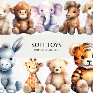 Paquete de imágenes prediseñadas de acuarela de juguetes suaves, 16 PNG transparente 300 ppp, lindos animales de juguete rellenos, peluches esponjosos, descarga digital uso comercial