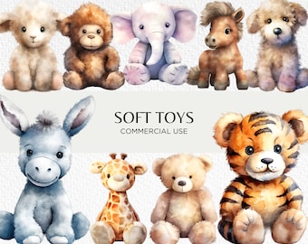 Soft Toys Watercolour Clipart Bundle, 16 Transparent PNG 300 dpi, Cute Stuffed Toy Animals, Fluffy Teddies, Digital Download Commercial Use