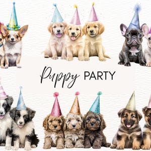 Welpen Party Aquarell Clipart, 20 transparente PNG 300 dpi, süße Welpen mit Partyhüten, Hundegrafik, digitaler Download, kommerzielle Nutzung