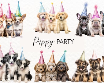 Puppy partij aquarel clipart, 20 transparante PNG 300 dpi, schattige puppy's met feestmutsen, hond graphics, digitale download, commercieel gebruik
