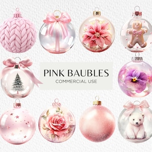 Boules de Noël roses Aquarelle Clipart, 20 PNG transparent 300 dpi, Ornements festifs, Décorations d’arbres, Téléchargement numérique Utilisation commerciale