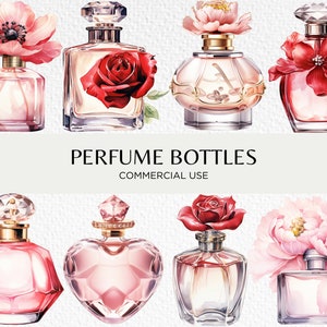 Botellas de perfume Acuarela Clipart, 20 PNG transparente 300 dpi, Fragancia rosa de San Valentín, Botella floral, Descarga digital, Uso comercial