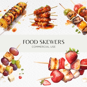 Pacchetto di clipart acquerello di spiedini di cibo, 16 PNG trasparenti 300 dpi, spiedino di cibo per barbecue, carne alla brace, download digitale, uso commerciale