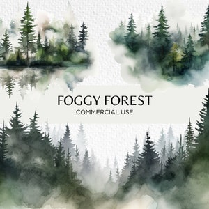 May include: Watercolour painting of a misty forest with tall green trees. The painting is divided into three sections, with the top two sections showing a forest with mist and the bottom section showing a forest with mist and a reflection of the trees in the water.