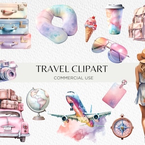 Reise Aquarell Clipart Bundle, 24 Transparente isoliert PNG 300 dpi Süße Girly Pastell Urlaub Sammlung, Digitaler Download Kommerzielle Nutzung