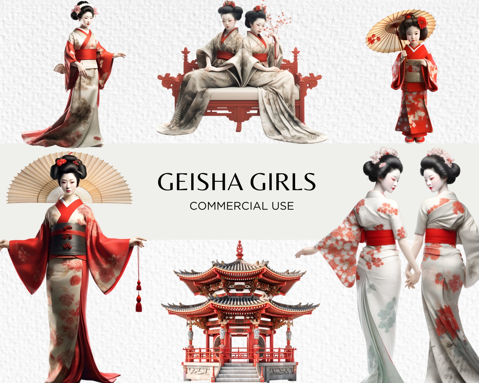 Geisha Girls Clipart Bundle, 16 Transparent PNG 300 Dpi, Japanese ...